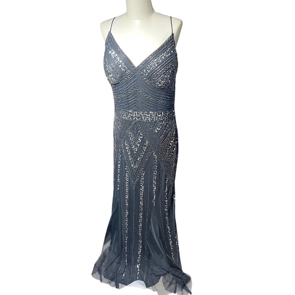 Marina Women Beaded Sequin Art Deco‎ Gown Gray V-Neck Formal Dress Size 16